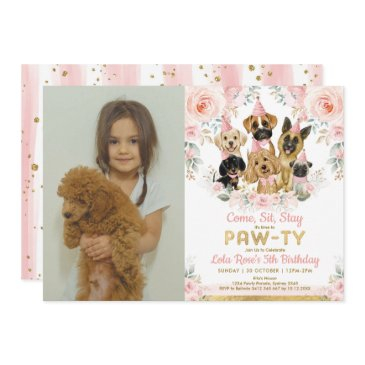 puppy dog girl birthday party blush floral photo invitation