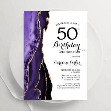 purple agate gold white 50th birthday invitation