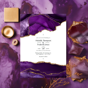 purple and gold agate wedding invitation