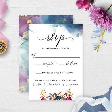 purple blue teal watercolor & floral meal choices rsvp invitations