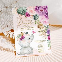 Small Purple Blush Floral Elephant Butterfly Baby Shower Invitation Front View