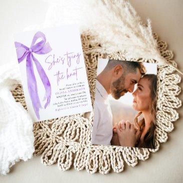 purple bow she's tying the knot bridal shower invitation