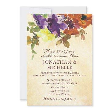 purple burnt orange floral christian wedding invitation