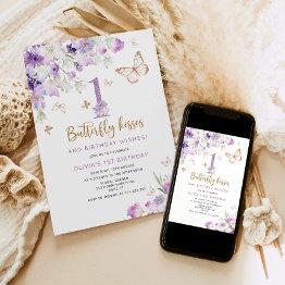 Small Purple Butterfly First Birthday Invitation Front View