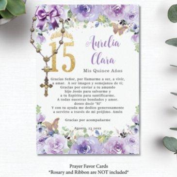 purple floral butterflies quinceañera prayer invitations