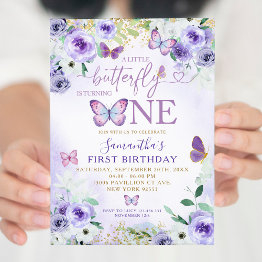 Small Purple Floral Butterfly Is Turning One Birthday Invitation Front View