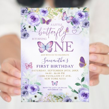 purple floral butterfly is turning one birthday invitation