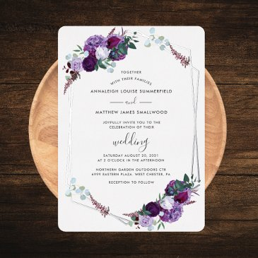 purple floral elegant rose gold wedding silver foil invitation