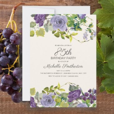 purple floral green leaves 85th birthday invitation