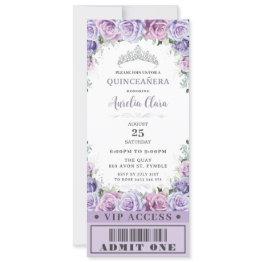 Small Purple Floral Rose Quinceañera Sweet 16 Vip Ticket Invitation Front View