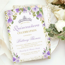 Small Purple Floral Sparkle Quinceanera 15th Birthday Invitation Front View