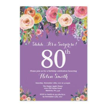 purple floral surprise 80th birthday invitation