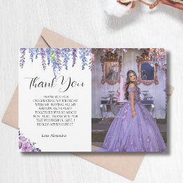 Small Purple Flower Sweet Sixteen Birthday With Photo Thank You Invitations Front View