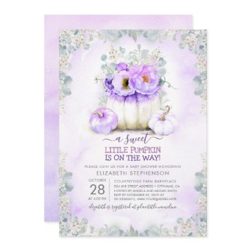 purple glitter little floral pumpkin baby shower invitation