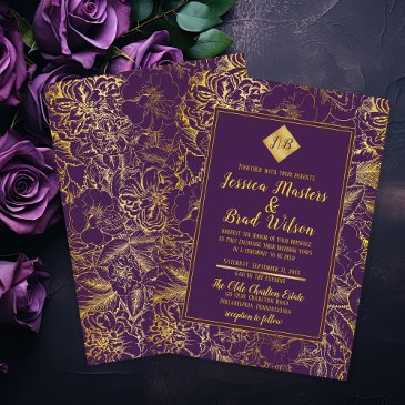 purple | gold foil look vintage floral wedding invitation
