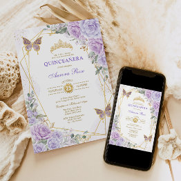 Small Purple Gold Quinceañera Butterfly Roses Mis Quince Invitation Front View