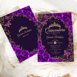 Small Purple Gold Quinceanera Invitation Front View