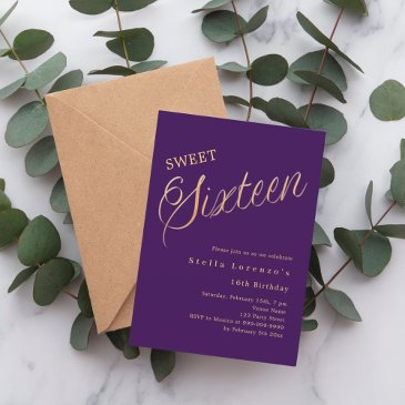 purple gold script elegant sweet 16 invitation