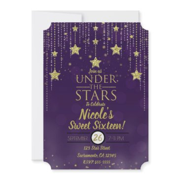 purple & gold under the stars starry sweet 16 invitation