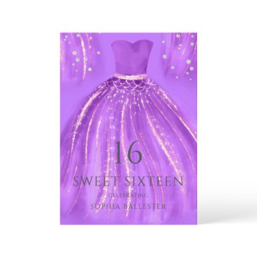 purple gold wonderful mermaid dress sweet 16 party invitation