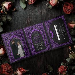 Small Purple Gothic Vampire Cathedral Wedding Invitation Front View
