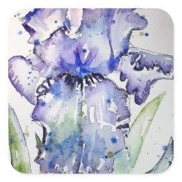 Small Purple Iris Art Watercolour Birthday Invitation Square Sticker Front View