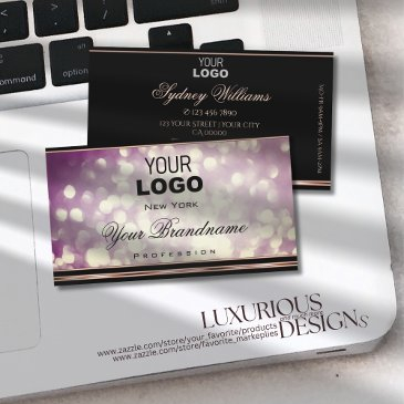 purple large glitter logo black rose gold border business invitations