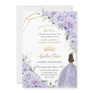 purple lavender floral quinceañera dama proposal invitation