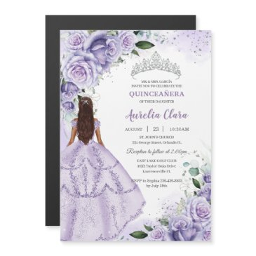 purple lavender floral silver quinceañera sweet 16 magnetic invitation