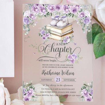 purple lilac floral book new chapter baby shower acrylic invitations