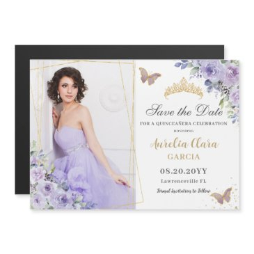 purple lilac floral gold quinceañera save the date