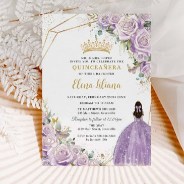 purple lilac floral princess gold quinceañera xv invitation