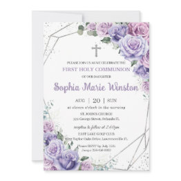 Small Purple Lilac Floral Silver First Holy Communion Invitation Front View