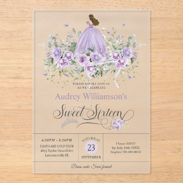 purple lilac floral sweet sixteen 16th birthday acrylic invitations