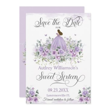 purple lilac floral sweet sixteen 16th birthday save the date
