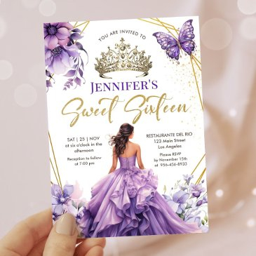 purple lilac girl princess tiara floral sweet 16 invitation