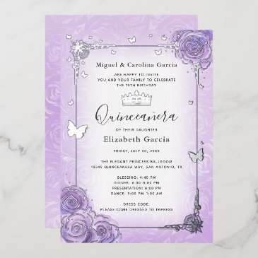 purple lilac lavender floral quinceañera silver foil invitation