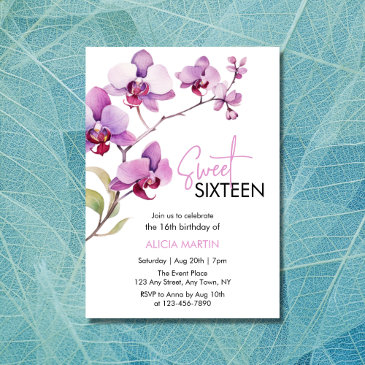 purple orchid flower blossom sweet 16 birthday invitation