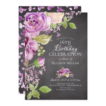 purple peonies floral 16th birthday invitation