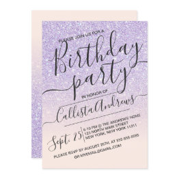 Small Purple Pink Faux Sparkly Glitter Ombre Birthday Invitation Front View