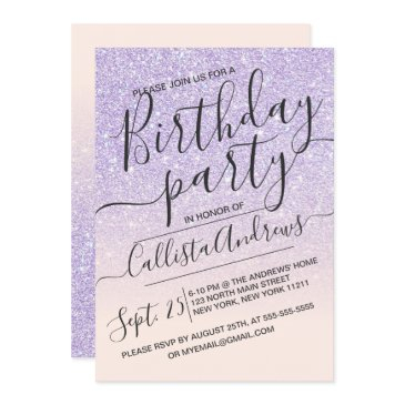 purple pink faux sparkly glitter ombre birthday invitation