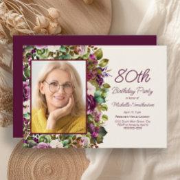 Small Purple Pink Floral 80th Birthday Photo Invitation Front View