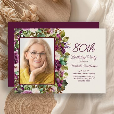 purple pink floral 80th birthday photo invitation