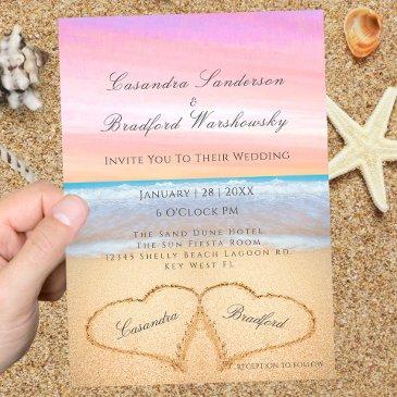 purple pink sunset beach wedding 2 hearts sand invitation