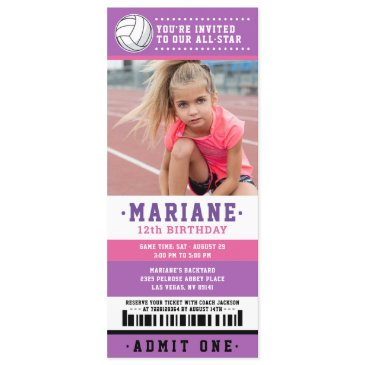 purple pink volleyball ticket birthday photo invitation