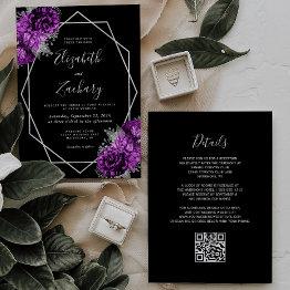 Small Purple Plum Silver Floral Black Qr Code Wedding Invitation Front View