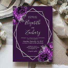 Small Purple Plum Silver Floral Wedding Invitation Front View