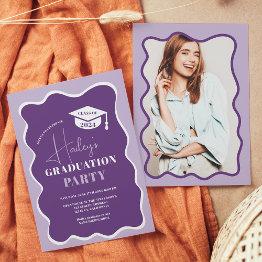 Small Purple Retro Wavy Frame Photo Graduation Invitation Front View