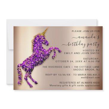 purple rose gold glitter unicorn horse birthday invitation