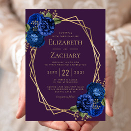Small Purple Royal Blue Floral Gold Geometric Wedding Invitation Front View